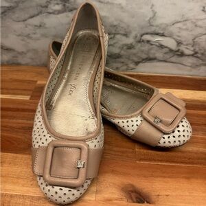 Anne Klein Two-Tone Beige & Cream Perforated Ballet Flats with Buckle